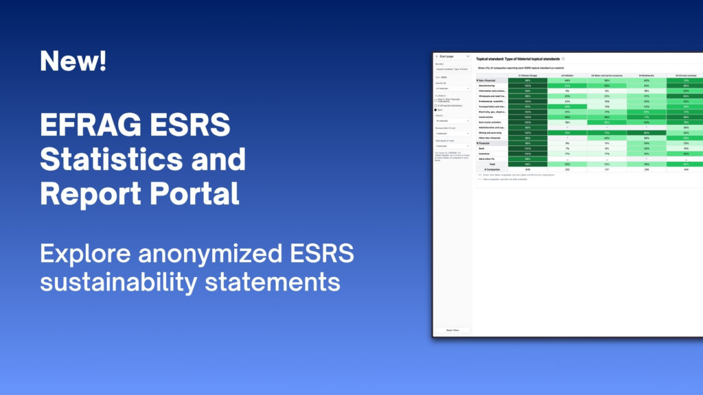 Promotional digital graphic showcasing the EFRAG ESRS Statistics and Report Portal. The design features a deep blue background with white text reading “New! EFRAG ESRS Statistics and Report Portal – Explore anonymized ESRS sustainability statements.” On the right, a browser window mockup displays a simplified interface with columns for company name, sector, ESRS standard, and datapoint disclosure status, visualized using green indicators. A “Learn more” button appears on the left.